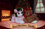 duo female feral holidays male pillow sitting snow speech_scroll text winter mechamerc christmas hasbro my_little_pony fan_character equid equine horse mammal pony 2017 english_text