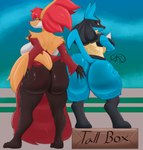 anthro anthro_on_anthro ass_to_ass big_breasts big_butt biped blue_body blue_fur box breasts butt butt_grab container crossed_arms duo eyelashes female female/female fur hand_on_butt huge_butt larger_female looking_back pupils red_eyes size_difference smaller_female smile tail tail_aside text thick_thighs wide_hips yellow_body yellow_fur aeroartz nintendo pokemon delphox generation_4_pokemon generation_6_pokemon lucario pokemon_(species) absurd_res hi_res