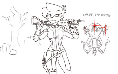 anthro clothing female gun jumpsuit machine pip-boy ranged_weapon solo text vault_suit weapon theserg fallout microsoft chairman_meow felid mammal mister_handy_(fallout) robot 16:10 2018 english_text hi_res sketch widescreen