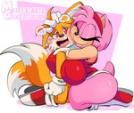 amy_rose big_breasts bodily_fluids breasts duo eyes_closed face_squish female geometric_background heart_eyes heart_symbol hi_res hug kiss_mark kneeling male male/female miles_prower moisesgrafic open_mouth sega simple_background smile sonic_the_hedgehog_(series) squish sweat tongue