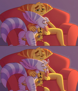 5_fingers all_fours animal_genitalia animal_penis anthro anthro_on_anthro anthro_penetrated anthro_penetrating anthro_penetrating_anthro anus balls biped bite biting_lip biting_own_lip black_eyebrows blush blush_lines bodily_fluids brown_eyebrows brown_nose butt canine_genitalia canine_penis cum cum_on_face cum_on_tongue cumshot cybernetic_arm cybernetic_limb duo ejaculation erection eyebrows eyelashes eyes_closed fellatio female female_anthro female_penetrated fingering fingering_self fingers fluffy fluffy_tail fur furniture genital_fluids genitals green_eyes hand_on_back humanoid_genitalia humanoid_vulva intraspecies leaning leaning_backward licking male male/female male_anthro male_penetrating male_penetrating_female markings masturbation multicolored_body multicolored_ears multicolored_fur nude nude_anthro nude_female nude_male oral oral_penetration orange_body orange_ears orange_fur orange_tail penetration penile penile_penetration penis penis_in_mouth penis_lick pink_anus pink_nose pink_penis plantigrade pupils purple_tail purple_vulva red_sofa saliva saliva_on_penis self_bite sex sitting snout sofa spread_legs spreading striped_ears striped_markings striped_tail stripes sweat sweaty_face tail tail_markings thick_eyebrows tongue tongue_out two_tone_body two_tone_ears two_tone_fur two_tone_tail vaginal vaginal_fingering vaginal_fluids vaginal_fluids_on_hand vaginal_fluids_on_vulva vaginal_masturbation vaginal_squirting vulva yellow_balls yellow_body yellow_ears yellow_fur yellow_tail bluestripedrenulian ratchet_and_clank sony_corporation sony_interactive_entertainment ratchet_(ratchet_and_clank) rivet_(ratchet_and_clank) lombax mammal 2025 comic hi_res sequence