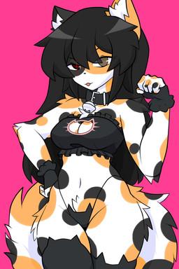 anthro bell bell_collar belt_collar black_collar black_hair black_spots calico_pattern cat_bra cat_lingerie cat_panties cat_stockings cleavage_cutout clothing collar cutout female fingerless_gloves fur g-string gloves hair handwear heterochromia legwear lingerie orange_spots solo spots stockings straight_hair tail text underwear wearing_collar white_body white_fur calico_cat domestic_cat felid feline felis mammal absurd_res artist_name hi_res