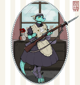 ammunition anthro barefoot bayonet blue_body clothed clothing crossdressing feet femboy flower furniture gun holding_gun holding_object holding_ranged_weapon holding_rifle holding_weapon horn knife looking_at_viewer maid_apron maid_uniform male plant ranged_weapon reptile_tail rifle smile smiling_at_viewer solo tail uniform wardrobe weapon window mawkvlt reptile scalie hi_res