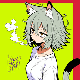 :3 animal_ears breasts brown_eyes cat_tail cigarette cigarette_in_mouth clothing dipstick_tail ear_piercing eye_bags eyelashes fangs female female_humanoid grey_hair hair inner_ear_fluff markings medium_breasts messy_hair narrowed_eyes object_in_mouth piercing shirt short_hair side_view smoke_cloud smoking smoking_cigarette solo tail tail_markings teeth tired_eyes topwear tuft moemoekyonx chainsmoker_cat yaniko_satou_(chainsmoker_cat) animal_humanoid felid felid_humanoid feline feline_humanoid humanoid mammal mammal_humanoid 1:1 2026 absurd_res bust_portrait digital_drawing_(artwork) digital_media_(artwork) hi_res portrait
