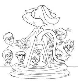 adolescent anthro butt crowd female genitals group hair male nude open_mouth simple_background stage teeth tongue vulva white_background young young_anthro young_female drawfug_01 dreamworks lizzie_green_(dreamworks) human lizard mammal reptile scalie 2024 black_and_white hi_res monochrome