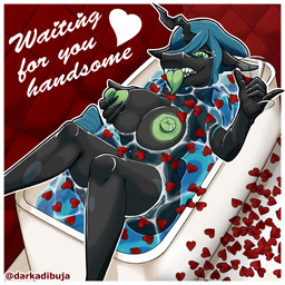 anthro anthrofied areola bath bathing bathtub big_breasts blue_hair breast_grab breasts dialogue female green_areola green_eyes green_nipples grey_body hair hand_on_breast holidays nipples partially_submerged solo text tongue tongue_out water darkadibuja friendship_is_magic hasbro my_little_pony valentine's_day queen_chrysalis_(mlp) arthropod changeling_(mlp) 1:1 absurd_res english_text hi_res