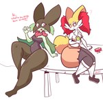 anthro blush breasts clothed clothing dialogue duo female fur green_body green_fur hair inner_ear_fluff open_mouth simple_background smile text thick_thighs tuft wide_hips yellow_body yellow_fur diicks nintendo pokemon braix_(diives) braixen canid canine felid feline generation_6_pokemon generation_9_pokemon mammal meowscarada pokemon_(species) absurd_res digital_media_(artwork) english_text hi_res