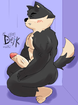 anthro bicolor_fur big_butt big_penis black_body black_fur blush butt erection fangs fur genitals kneeling looking_ahead male muscular muscular_anthro muscular_male nude pecs penis purple_background side_view simple_background sitting solo tail tan_body tan_fur teeth thick_thighs ugly-rat15508 jess_(ugly-rat15508) canid canine canis domestic_dog mammal hi_res signature