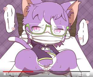 anthro bed blush bodily_fluids camera_view clothed clothing eyewear female fingering fur furniture genital_fluids genitals glasses heart_symbol looking_at_viewer masturbation partially_clothed paws pink_eyes purple_body purple_fur solo spread_legs spreading vaginal vaginal_fingering vaginal_fluids vulva white_body white_fur wood young kaitendo cat_busters domestic_cat felid feline felis mammal 2018 6:5