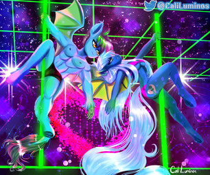 anthro dancing duo female male male/female pole pole_dancing caliluminos hasbro my_little_pony bat_pony equid mammal absurd_res hi_res