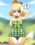 2018 animal_crossing anthro bare_shoulders black_clothing black_panties black_underwear blonde_hair blurred_background canid canine canis clothed clothing countershading digital_media_(artwork) dipstick_tail domestic_dog dress english_text eyebrows female hair hand_on_head hi_res isabelle_(animal_crossing) looking_at_viewer mammal markings motion_blur multicolored_tail nintendo one_eye_closed open_mouth open_smile outside panties patreon patreon_logo patreon_username pink_eyes pinup plaid pose question_mark seductive shaded shih_tzu short_dress smile solo standing strapless_clothing strapless_dress tail tail_markings tail_motion tailwag text thought_bubble toy_dog tsampikos underwear website_logo white_tail_tip wide_hips wink winking_at_viewer