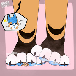 anthro bodily_fluids claws duo feet foot_fetish foot_focus hindpaw macro male male/male micro pawpads paws soles squish steam stomped sweat sweatdrop sweaty_feet underfoot miyusstuff furrmox miyu_(miyusstuff) canid canine canis coyote felid feline mammal 1:1 hi_res