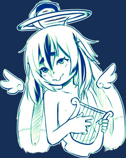 accessory ambiguous_gender anthro big_ears eyebrows green_body hair hair_accessory hairclip halo harp mostly_nude mouth_closed musical_instrument nipples plucked_string_instrument simple_background solo sticker_pack string_instrument teeth transparent_background wings young young_ambiguous aogami lagomorph leporid mammal rabbit 2025 absurd_res alpha_channel digital_drawing_(artwork) digital_media_(artwork) hi_res line_art monochrome