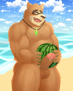 anthro balls beach blush brown_body brown_fur cute_fangs erection eyewear fangs food food_fetish food_play fruit fur genitals glasses humanoid_genitalia humanoid_hands humanoid_penis male melon penis plant seaside slightly_chubby solo teeth water watermelon edogast lifewonders tokyo_afterschool_summoners volos_(tas) bear mammal 2019 4:5 hi_res