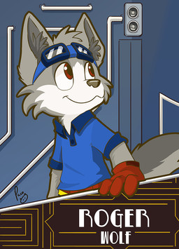 anthro blue_clothing blue_shirt blue_t-shirt blue_topwear cheek_tuft closed_smile clothed clothing eyewear eyewear_on_head facial_tuft fur glistening glistening_eyes gloves_(marking) goggles goggles_on_head grey_body grey_fur head_tuft logo male male_anthro markings mouth_closed red_eyes shirt smile solo t-shirt text topwear tuft white_body white_fur young young_anthro young_male pandapaco canid canine canis mammal wolf artist_logo english_text signature