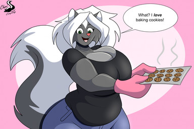 anthro big_breasts bottomwear breasts cleavage clothed clothing cookie denim denim_bottomwear denim_clothing dialogue female food handwear huge_breasts huge_hips hyper jeans open_mouth oven_mitts pants shirt solo speech_bubble topwear wide_hips chrisandcompany kelsey_sienna mammal mephitid skunk hi_res