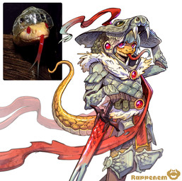 ambiguous_gender anthro armor fangs forked_tongue headgear helmet knight long_tongue melee_weapon pink_eyes scaly_armor solo sword tail teeth tongue tongue_out warrior weapon rappenem reptile scalie snake absurd_res hi_res reference_image