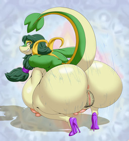 anthro anus big_breasts big_butt bodily_fluids breasts butt clothing crouching female footwear genitals green_body green_hair hair high_heels huge_breasts huge_butt hyper hyper_breasts looking_back motion_lines nipples pokemorph pubes raised_tail shoes solo sweat tail vulva yellow_eyes deadpliss mewpan nintendo pokemon natalie_(deadpliss) generation_5_pokemon pokemon_(species) snivy 2025 absurd_res hi_res
