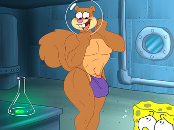 anthro beaker bikini_thong bodily_fluids brown_body buckteeth bulge clothing crossgender detailed_background duo embarrassed eyelashes ftm_crossgender furniture laboratory_equipment laboratory_glassware male muscular muscular_anthro muscular_male nervous nervous_smile nervous_sweat open_mouth pink_nose pipe sand scientific_instrument size_difference sponge sweat swimwear table teeth window yellow_body dracojeff nickelodeon spongebob_squarepants sandy_cheeks spongebob_squarepants_(character) aquatic eastern_grey_squirrel grey_squirrel mammal rodent sciurid sea_sponge tree_squirrel 4:3