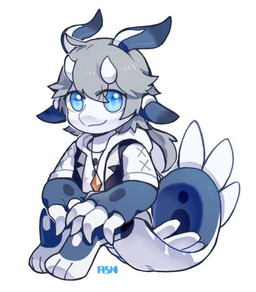 anthro black_clothing black_topwear blue_eyes chibi closed_smile clothed clothing glistening glistening_eyes glistening_hair grey_hair hair horn jewelry looking_at_viewer male mouth_closed necklace simple_background smile solo topwear white_background white_body white_clothing white_horn white_topwear asnnonaka species_request full-length_portrait portrait signature
