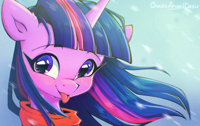 blep blush female feral horn scarf snow solo tongue tongue_out windswept_hair chaosangeldesu friendship_is_magic hasbro my_little_pony mythology twilight_sparkle_(mlp) equid equine mammal mythological_creature mythological_equine unicorn