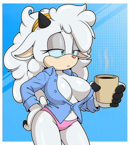 anthro beverage big_breasts blue_eyes breasts cleavage clothed clothing coffee female hair horn huge_breasts messy_hair open_clothing open_shirt open_topwear panties shirt solo tired topwear underwear white_hair sonicguru idw_publishing sega sonic_the_hedgehog_(comics) sonic_the_hedgehog_(idw) sonic_the_hedgehog_(series) lanolin_the_sheep_(sonic) bovid caprine mammal sheep hi_res
