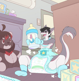 ageplay ambiguous_gender anthro baby_bottle baby_powder bib big_diaper black_hair block blue_clothing blue_footwear blue_handwear blush blush_lines bodily_fluids bondage_gear bondage_gloves booties brown_body brown_fur clean_diaper clothed clothing cloud_emanata container detailed_background diaper diaper_puff directional_arrow drooling emanata fangs footwear fur furniture hair handwear holding_baby_bottle holding_container holding_object inside micro multicolored_body multicolored_fur one_eye_obstructed open_mouth open_smile plushie potion purple_liquid red_body red_fur roleplay saliva shrinking sitting size_transformation smile solo tan_body tan_fur teeth text tissue tissue_box transformation wearing_diaper bubblepuppers cryo_lithius sergal 2019 absurd_res english_text hi_res