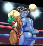 2023 anthro ballboxing balls_outline black_eye_(injury) bodily_fluids boxing boxing_gloves breath bruised bruised_eye bulge butt clothed clothing cock_sheath dcheese detailed_bulge digital_media_(artwork) duo erection erection_under_clothing faceless_character fight fighting_ring generation_2_pokemon generation_5_pokemon genital_outline handwear headgear hi_res jumpluff leather leather_clothing leather_headgear male male/male nintendo panting penis_clothing pokemon pokemon_(species) slightly_chubby sport sweat thong underwear whimsicott