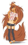 4_toes 5_fingers anthro bottomwear brown_eyes brown_hair brown_tail clothed clothed_anthro clothed_female clothing countershade_torso countershading ear_piercing feet female fingers front_view fully_clothed fully_clothed_anthro fully_clothed_female fur gauged_ear hair hand_on_hip legwear long_hair long_tail looking_at_viewer navel piercing simple_background standing tail tan_body tan_fur thigh_highs toes topwear white_background tinygaypirate apogee_(tinygaypirate) canid canine canis domestic_dog mammal 2025 digital_media_(artwork) hi_res