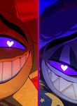 close-up clothing crazed_look crooked_smile duo half_face hat headgear headwear heart_eyes heart_symbol low_light machine nightcap not_furry purple_eyes simple_background star_pattern yandere laurs five_nights_at_freddy's five_nights_at_freddy's:_security_breach scottgames steel_wool_studios daycare_attendant_(fnaf) moon_(fnaf) sun_(fnaf) animatronic robot 2025 digital_media_(artwork) headshot_portrait hi_res portrait