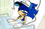 anthro baseball_cap bed blue_body blue_fur clothing fur furniture gloves handwear hat headgear headwear hospital_bed intravenous_drip male parody smile solo text text_on_clothing text_on_hat text_on_headwear discount-supervillain cartoon_network regular_show sega sonic_the_hedgehog_(series) sonic_the_hedgehog eulipotyphlan hedgehog mammal 2023