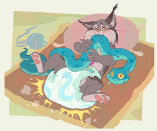 3_toes 4_fingers ambiguous_gender anthro ball_of_yarn blush blush_lines border brown_body brown_ear_tips brown_fur claws clothed clothing detailed_background diaper diaper_only dipstick_ears ear_markings fangs feces feet finger_claws fingers fur grey_body grey_fur grey_inner_ear holding_object holding_plushie inner_ear_fluff lying multicolored_body multicolored_ears multicolored_fur object_in_mouth on_back on_pillow open_mouth open_smile pawpads pillow pink_nose pink_pawpads plushie plushie_in_mouth pooping rug smile soiled_diaper soiling soiling_diaper solo tan_body tan_border tan_fur tan_inner_ear_fluff teeth toes topless tuft unclean_diaper used_diaper using_diaper wearing_diaper whisker_spots whiskers white_whiskers yarn yellow_sclera bubblepuppers disney zootopia gary_de'snake pawbert_lynxley felid feline lynx mammal full-length_portrait hi_res portrait male_(lore)