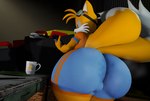 anthro big_butt bodily_fluids bottomwear bulge butt clothing coffee_mug eyewear goggles male musk musk_clouds rear_view shirt shorts solo sweat sweat_stain sweaty_butt t-shirt toolbox topwear thordersfm_(artist) sega sonic_the_hedgehog_(series) miles_prower canid canine fox mammal 2024 3d_(artwork) digital_media_(artwork) hi_res