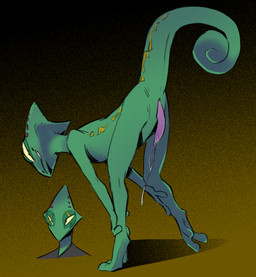anthro biped curled_tail erection eye_scar facial_scar genitals green_body long_tail male penis rear_view scar simple_background solo tail flookz nintendo star_fox leon_powalski chameleon lizard reptile scalie 2026 digital_media_(artwork) hi_res