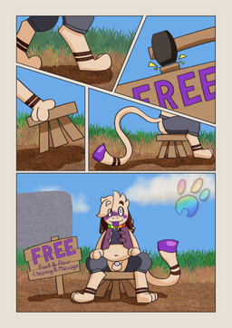 anthro assless_pants blep border chair chaps chastity_cage chastity_device clothed clothing collar crop_top crotchless_clothing dirt_path dirt_road ear_piercing fantasy feet flat_chastity_cage foot_fetish furniture male metal_chastity_cage midriff on_chair outside overweight piercing shirt sign sitting sitting_on_chair skimpy slightly_chubby solo_focus stool text tongue tongue_out topwear wearing_chastity_cage wearing_chastity_device yellow_border speckostardust nintendo pokemon speck_(speckostardust) generation_2_pokemon pokemon_(species) smeargle absurd_res comic english_text hi_res nonbinary_(lore)