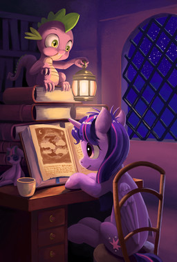 book chair container cup desk detailed_background doll duo feathered_wings feathers female feral fur furniture hair horn inside lamp lantern multicolored_hair night purple_body purple_eyes purple_feathers purple_fur reading sitting sky star table tail window wings maggwai friendship_is_magic hasbro my_little_pony mythology spike_(mlp) twilight_sparkle_(mlp) dragon equid equine mammal mythological_creature mythological_equine mythological_scalie scalie winged_unicorn 2015