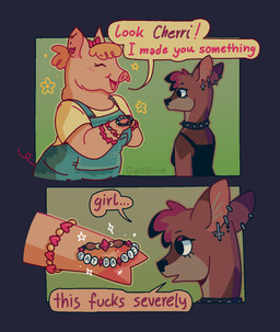accessory alternative_fashion anthro blonde_hair blush bow_ribbon bracelet breasts brown_body brown_fur choker clothed clothing dialogue ear_piercing eyes_closed female fully_clothed fur gift hair hair_accessory hair_bow hair_ribbon holding_gift holding_object jewelry looking_at_another necklace offering_gift overalls piercing profanity punk ribbons shirt smile speech_bubble tank_top text topwear glassshine abby_(glassshine) cherri_(glassshine) deer domestic_pig mammal suid suine sus_(pig) 2025 comic english_text hi_res watermark
