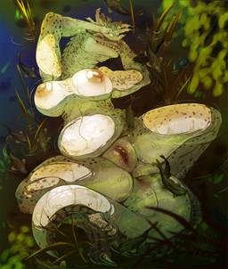 anthro anus areola big_breasts breasts claws clitoral_hood clitoris dewlap_(anatomy) eyes_closed fangs female floating genitals gular_flap hands_above_head holding_wrist lying neck_spines nipples nude nude_female on_back outside partially_submerged plump_labia sleeping slightly_chubby slightly_chubby_female smile solo spots spread_legs spreading swamp tail tail_anus tapering_tail teeth thick_thighs vulva inuki alligator alligatorid ambient_fish ambient_sealife aquatic crocodilian fish reptile scalie 2025 hi_res shaded signature