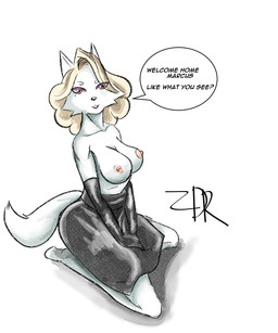 anthro areola breasts female foreman fur nipples nude pink_areola pink_nipples sitting solo text white_body white_fur zeedoor whitefox canid canine fox mammal 5:6 english_text hi_res stepmother_(lore) stepparent_(lore)