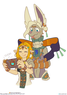 3_eyes anthro biped blep blonde_hair blush clothed clothing dress duo ear_piercing ear_ring female fur grey_body grey_fur hair hand_on_shoulder larger_anthro larger_female multi_eye piercing ring_piercing selfie simple_background size_difference smaller_female smaller_humanoid smile taking_picture taking_selfie text tongue tongue_out white_background white_hair the_gentle_giant nintendo tears_of_the_kingdom the_legend_of_zelda mineru princess_zelda humanoid hylian zonai 2024 absurd_res digital_media_(artwork) english_text half-length_portrait hi_res portrait url ancestor_and_descendant_(lore)