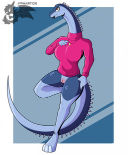 anthro big_breasts blue_body blue_skin blush body_blush breasts clothing dino_lady female genitals non-mammal_breasts non-mammal_vulva pose sweater tail topwear vulva vulva_blush phunter dinosaur lizard prehistoric_species reptile saurischian sauropod sauropodomorph scalie hi_res
