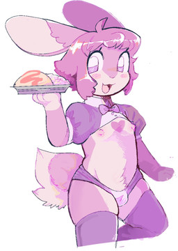 :3 anthro belly_tuft blush bow_tie bulge chibi clothing countershading femboy flat_chested fluffy fluffy_tail food fur hair heart_(marking) heart_eyes heart_symbol holding_object kemono legwear long_ears looking_at_viewer male markings nipples open_:3 open_mouth pink_body pink_fur pink_hair simple_background solo tail thigh_highs tuft underwear uniform white_background pawberry lagomorph leporid mammal rabbit 2023 digital_drawing_(artwork) digital_media_(artwork) hi_res pastel_theme pink_theme