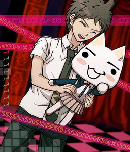 ahoge anthro black_eyes blush blush_stickers bottomwear brown_hair chibi clothed clothing collared_shirt cosplay crossdressing crossover_cosplay dress dress_shirt duo empty_eyes eyebrows eyes_closed fur grey_bottomwear grey_clothing grey_pants hair holding_another kemono male necktie open_mouth open_smile pants print_necktie scenery school_uniform shirt smile teeth tongue topwear uniform white_body white_fur n0wired danganronpa danganronpa_2 doko_demo_issho sony_corporation sony_interactive_entertainment spike_chunsoft hajime_hinata toro_inoue bobtail_cat domestic_cat felid feline felis human mammal crossover unavailable_at_source