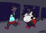 anthro belly big_belly bodily_fluids breath clothed clothing duo exercise eyes_closed eyewear flying_sweatdrops fur glasses grey_body grey_fur jogging male moobs obese obese_anthro obese_male open_mouth open_smile overweight overweight_anthro overweight_male panting smile space spacecraft star sweat sweatband sweatdrop sweaty_clothing thick_thighs tired vehicle whiskers wristband kikatsu emile_lalique rene_lalique mammal mustelid musteline stoat true_musteline weasel