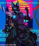 anthro areola belt big_breasts black_body black_fur blue_areola blue_claws blue_insides blue_mouth blue_nipples blue_pussy blue_tongue bodily_fluids breasts claws countershading curvy_figure cyberpunk detailed_background fangs female fur fur_trim_(clothing) genital_fluids genitals glowing glowing_eyes glowing_genitalia glowing_nipples glowing_pussy humanoid_genitalia humanoid_pussy looking_at_viewer looking_down mostly_nude nipples one_eye_closed open_mouth purple_body purple_fur pussy pussy_juice_string ring_(jewelry) scar smile solo standing straps streetwear synthwave techwear teeth text thick_thighs tongue vaginal_fluids voluptuous wide_hips edgeartstation epic_games fortnite pack_leader_highwire canid canine canis humanoid mammal wolf 2023 absurd_res english_text hi_res signature