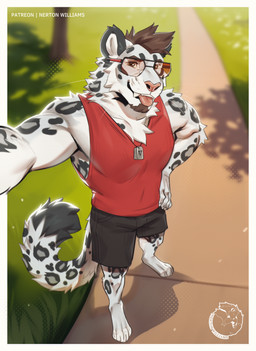 4_toes anthro black_bottomwear black_clothing black_shorts bottomwear brown_hair chest_tuft clothing day eyewear fangs feet fur glasses grass hair high-angle_view looking_at_viewer male markings muscular muscular_male outside pink_nose plant red_clothing red_shirt red_topwear selfie shirt short_hair shorts solo spots spotted_body spotted_fur standing tail teeth toes tongue tongue_out topwear tuft wearing_glasses whiskers nerton v_(awesome266) felid mammal pantherine snow_leopard 2026 colored digital_drawing_(artwork) digital_media_(artwork) hi_res shaded