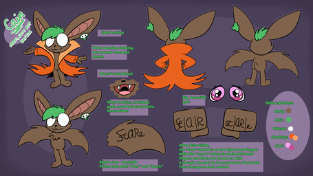 arm_tattoo bat_ears bat_tail bat_wings black_nose brown_body brown_fur cloak clothing eyewear fangs fur glasses green_hair hair knuckle_tattoo membrane_(anatomy) membranous_wings orange_cloak orange_clothing pink_eyes solo tail tattoo teeth tongue wings trevor-fox bat mammal 16:9 hi_res model_sheet widescreen