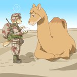 ambiguous_gender anthro clothed clothing desert duo feral kemono male military_uniform question_mark uniform ekaki510 bactrian camel camelid canid canine canis domestic_dog mammal 1:1