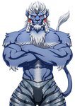 anthro arm_tuft beard black_bottomwear black_clothing blue_body blue_fur bottomwear broken_horn bulge chest_tuft clothed clothing crossed_arms detailed_bulge facial_hair fur genital_outline glistening glistening_clothing hair horn looking_at_viewer male muscular muscular_anthro muscular_male penis_outline simple_background solo tail tail_tuft topless tuft white_background white_hair yellow_eyes schizoid disney final_fantasy final_fantasy_x square_enix zootopia kimahri felid mammal ronso