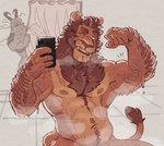 2_horns anthro blue_eyes blush body_hair cellphone chest_hair curtains dripping duo electronics flexing flexing_bicep flexing_muscles fur gesture hair holding_object holding_phone horn looking_at_another male markings muscular muscular_anthro muscular_male nipples nude one_eye_closed open_mouth phone selfie simple_background smartphone smile tail tan_body teeth wink xeoniios mythology orion_(xeoniios) ryzz_(xeoniios) dragon felid lion mammal mythological_creature mythological_scalie pantherine reptile scalie 2023 cropped digital_media_(artwork) hi_res